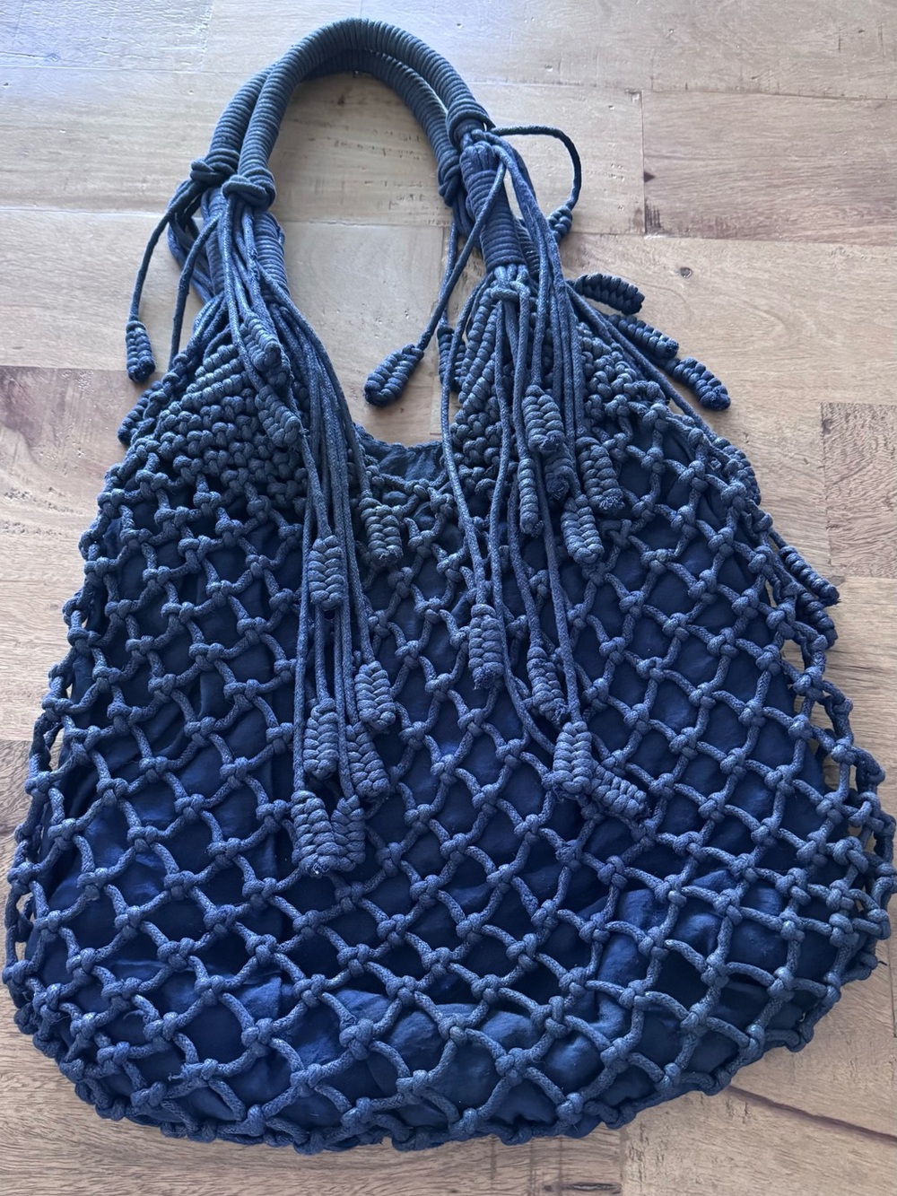 Monserat De Lucca Belen Macrame Tote Hobo Shoulder Bag in Navy Anthropology
